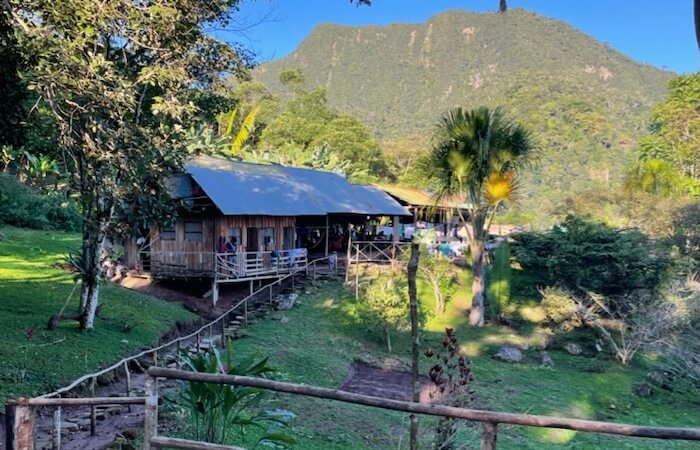 cabin in the woods with walkway